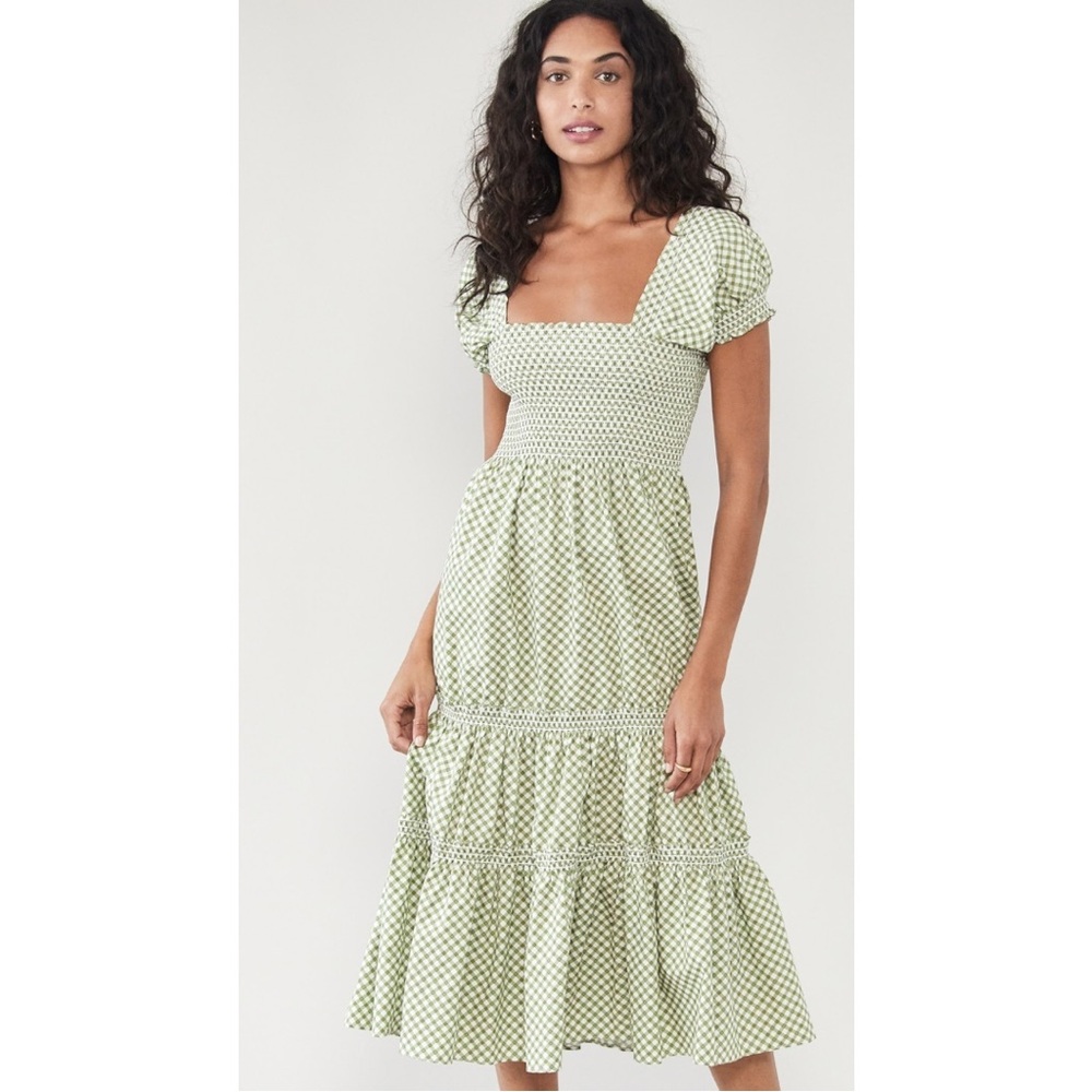 OPT Square Neck Smocked Maxi Dress Size M in Green Gingham